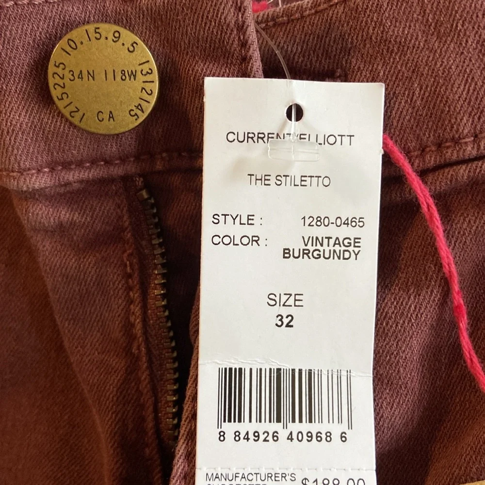 Current/Elliott NWT The Stiletto Vintage Burgundy Ankle Jeans 3127